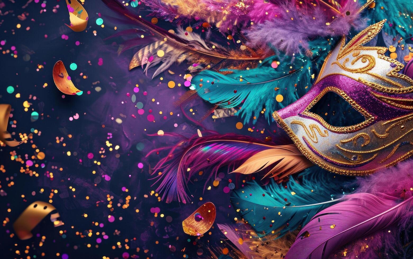 AI generated colorful feathers on a purple background of carnival masks. photo