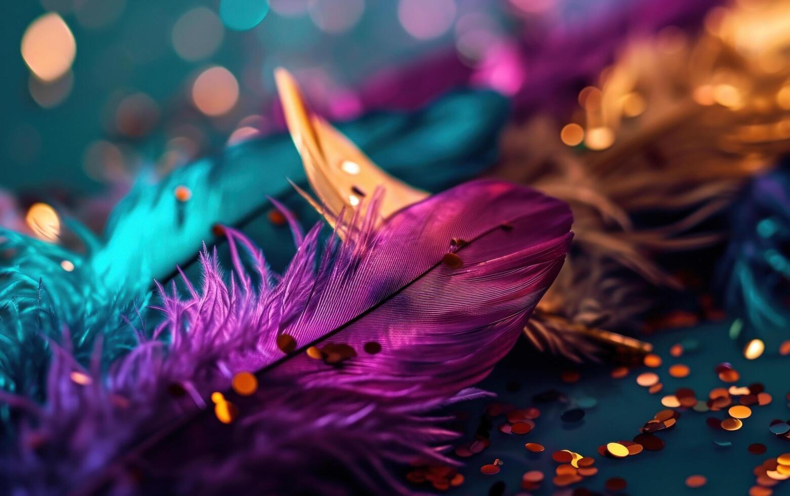 AI generated colorful feathers on a purple background of carnival masks. photo