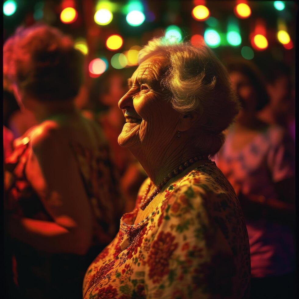 AI generated fun, positive elderly at a disco. photo