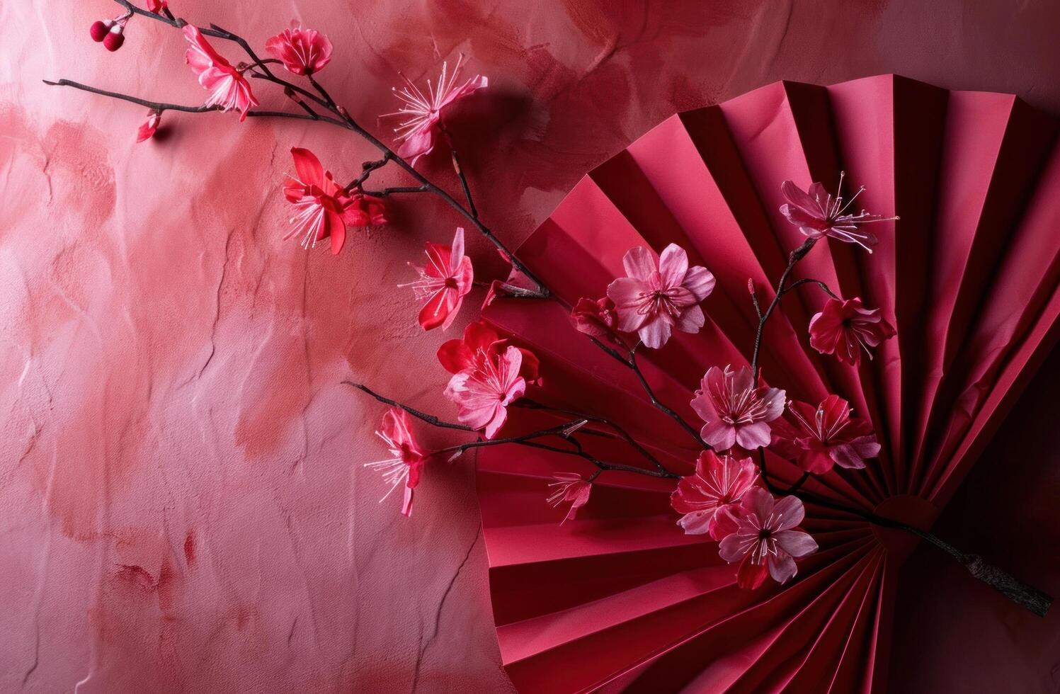 AI generated an origami paper fan in red with pink flowers photo