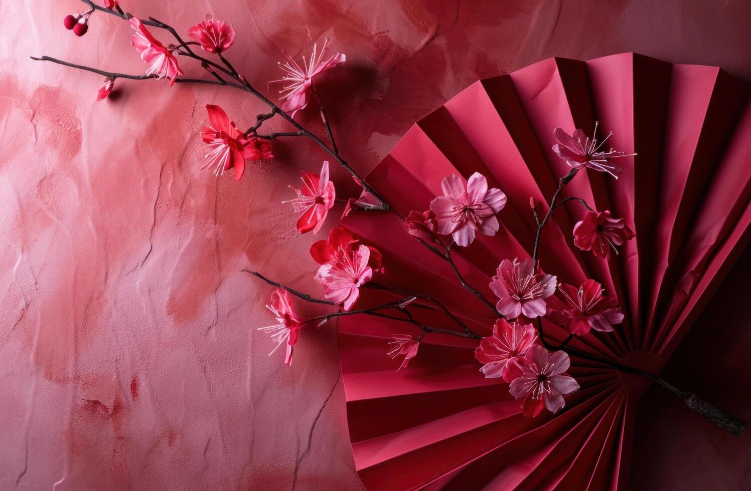 ai generado un origami papel ventilador en rojo con rosado flores foto