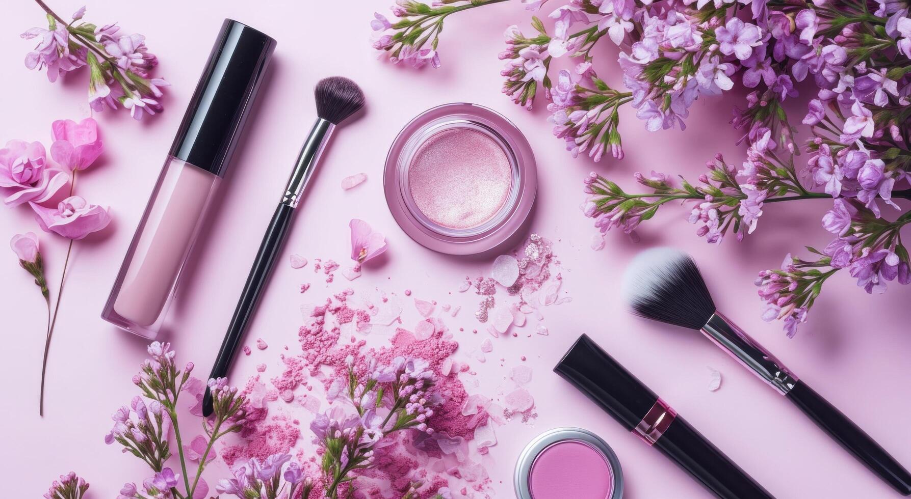 AI generated cosmetic make up products on a pink background photo