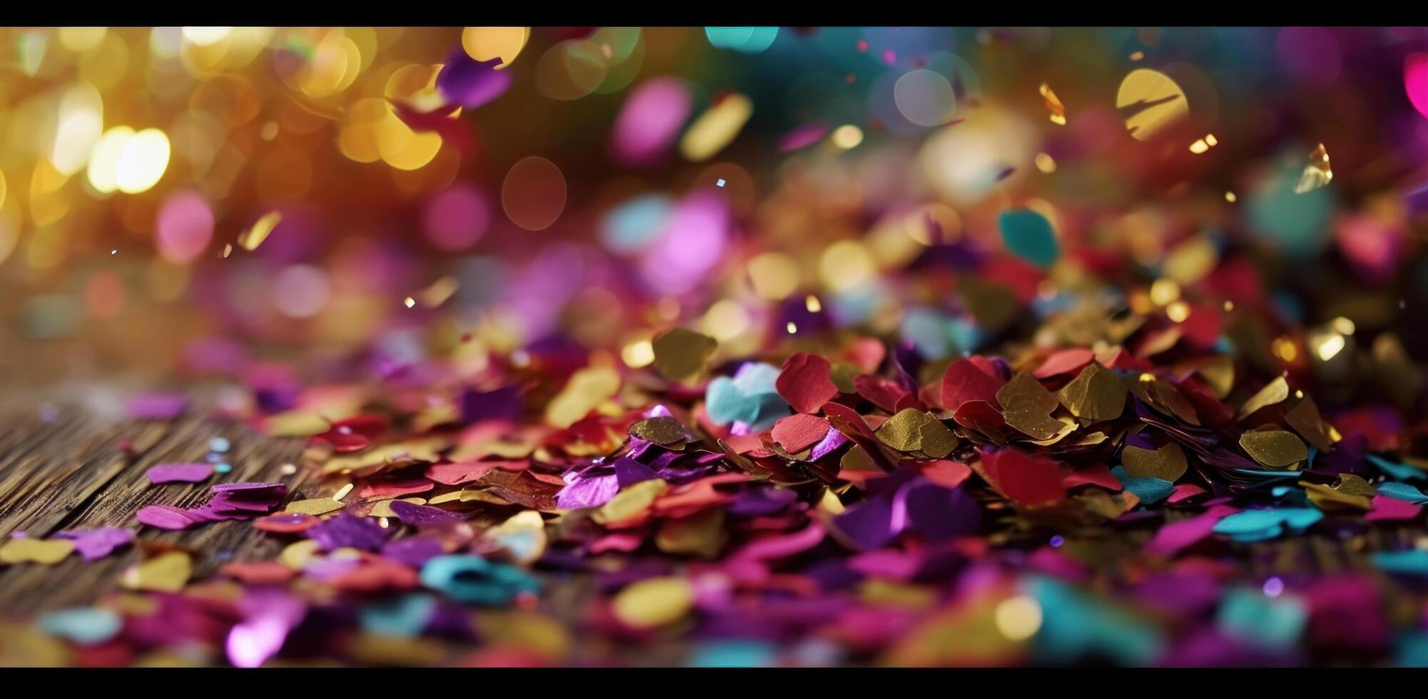 AI generated colored confetti sporadic confetti fall on table photo