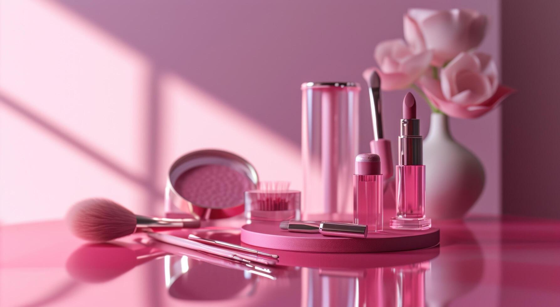 AI generated cosmetic make up products on a pink background photo