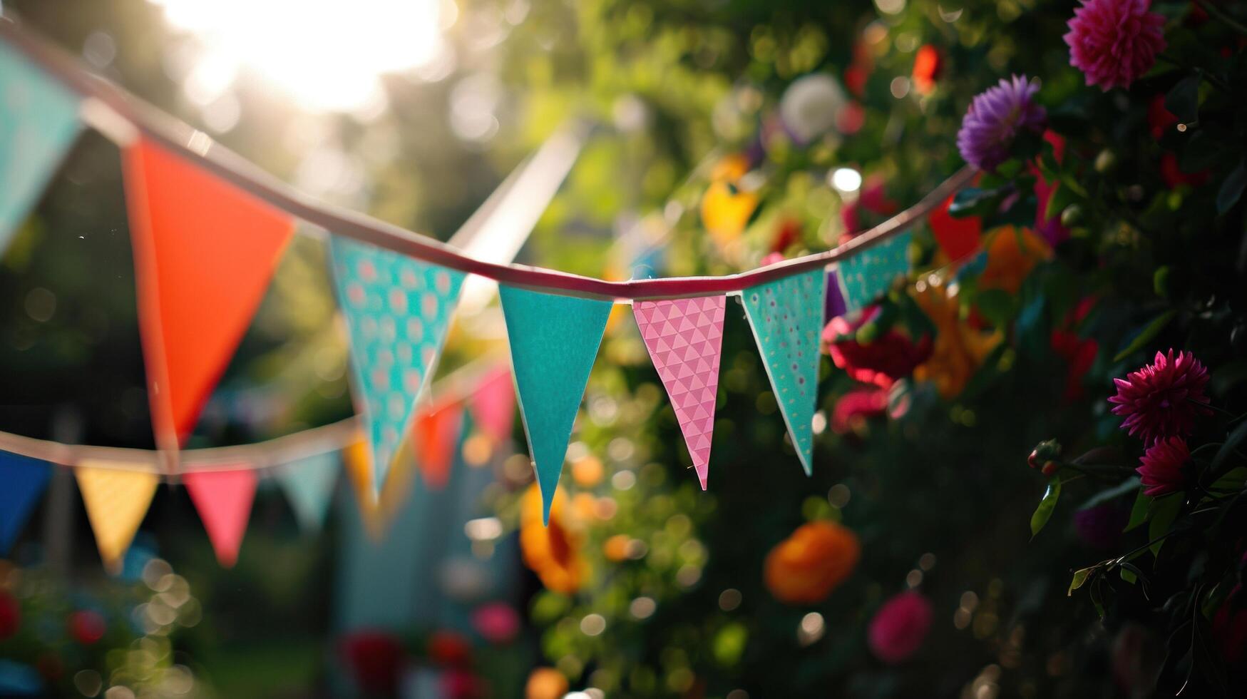 AI generated colourful paper buntings, summer party by sunny day photo