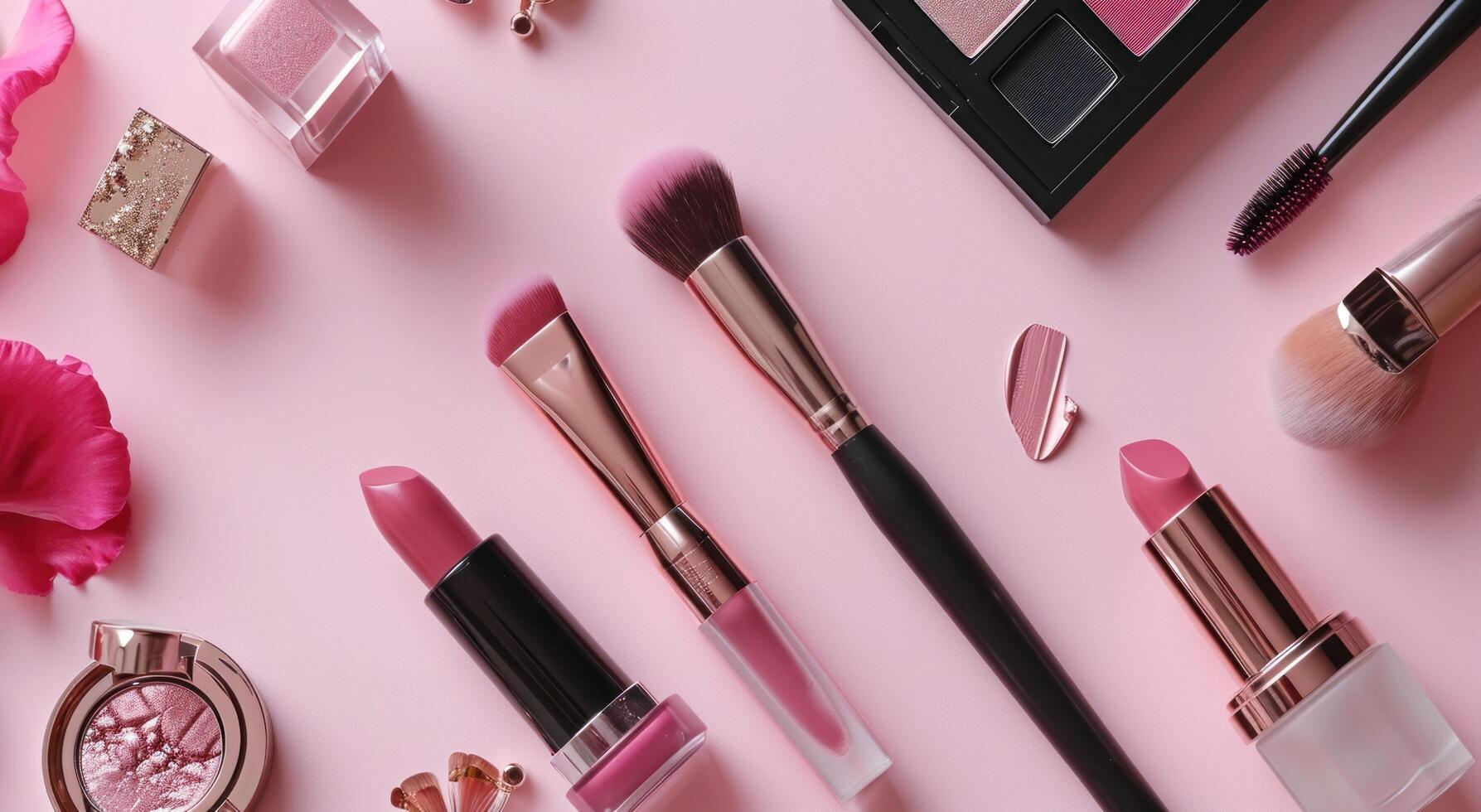 AI generated cosmetic make up products on a pink background photo