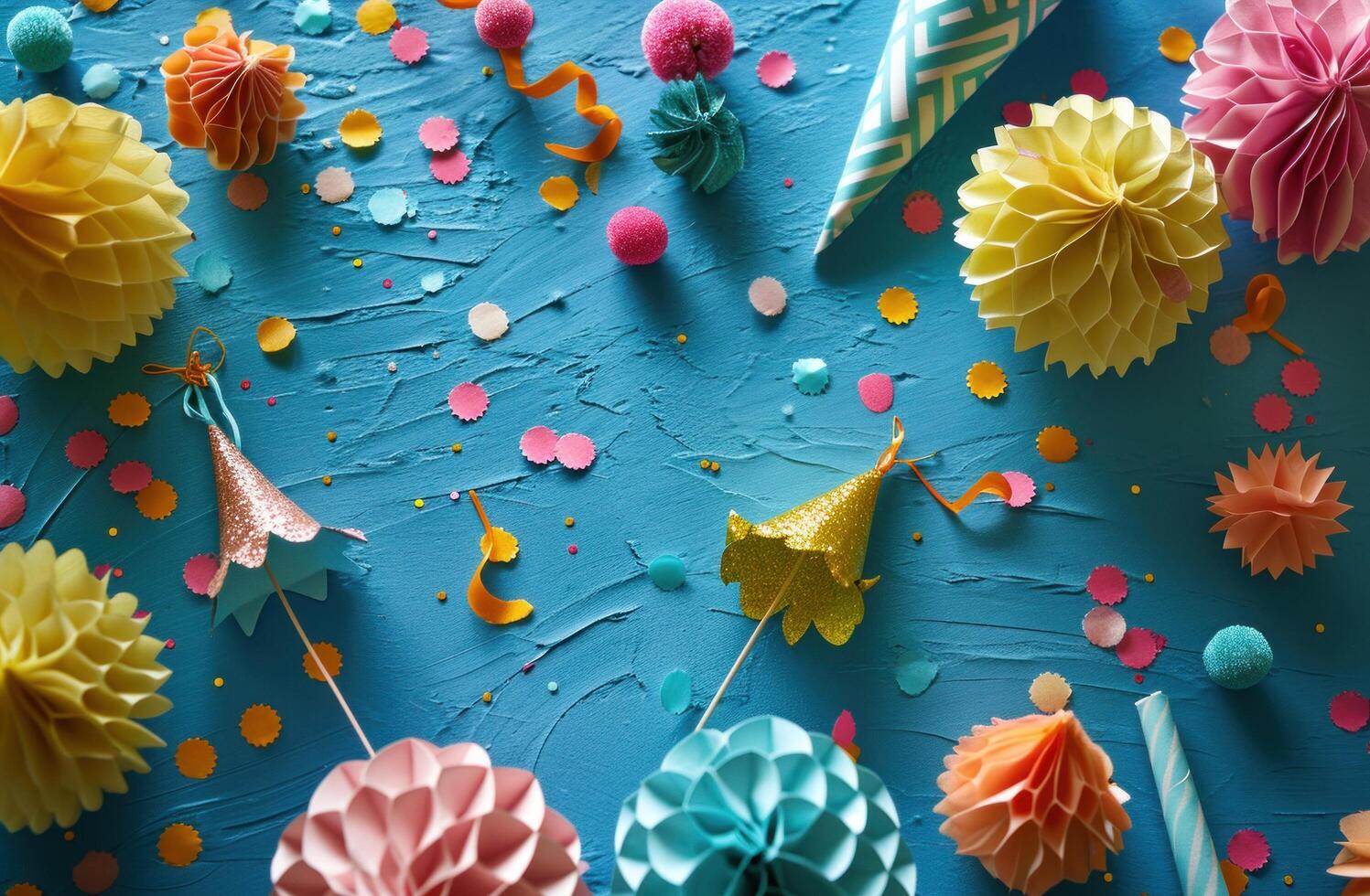 AI generated colorful party decorations are laid on a blue background. photo