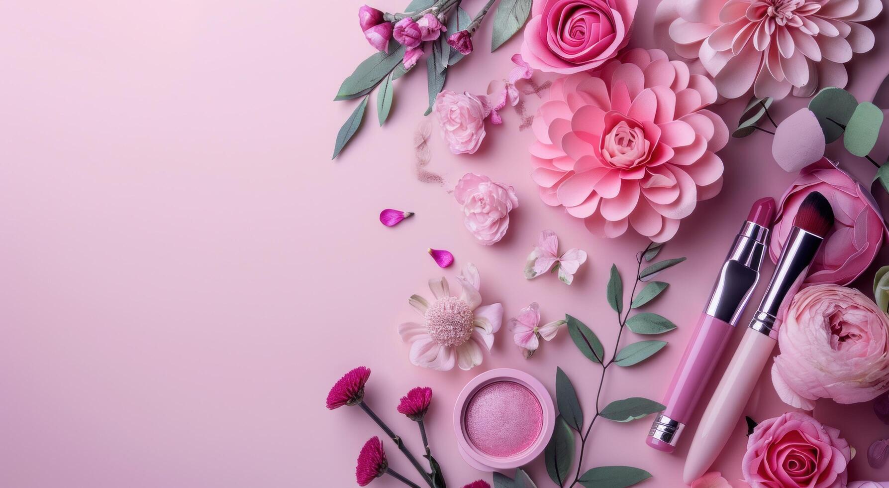 AI generated cosmetic make up products on a pink background photo