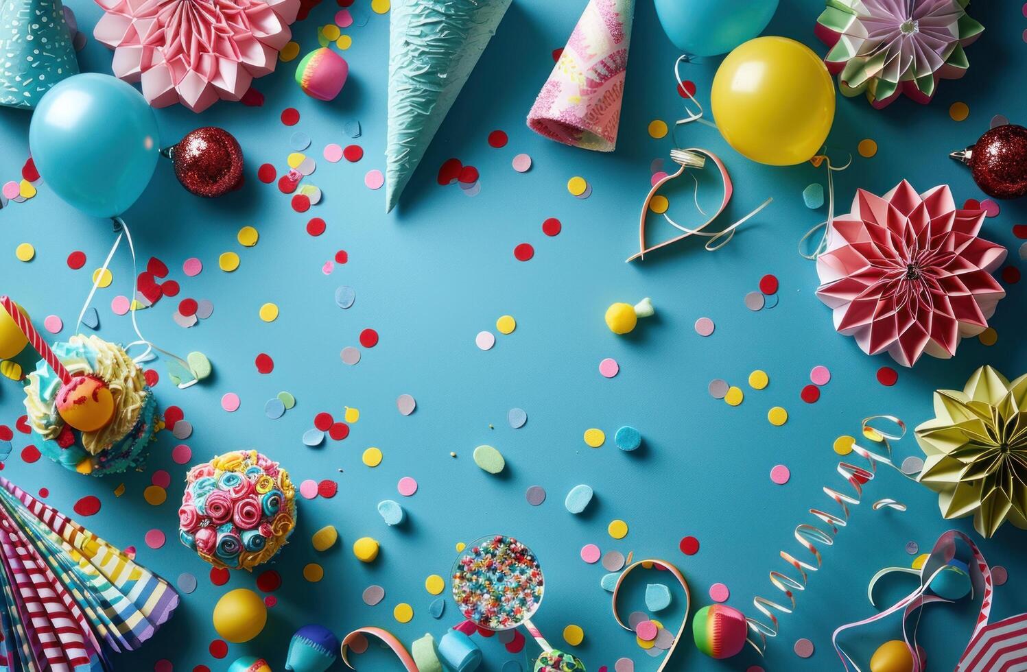 AI generated colorful party decorations are laid on a blue background. photo