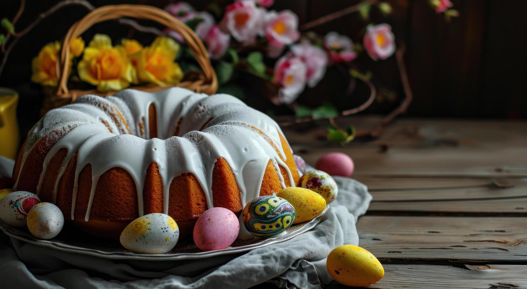 AI generated easter bundt cake with easter basket and colorful eggs. photo