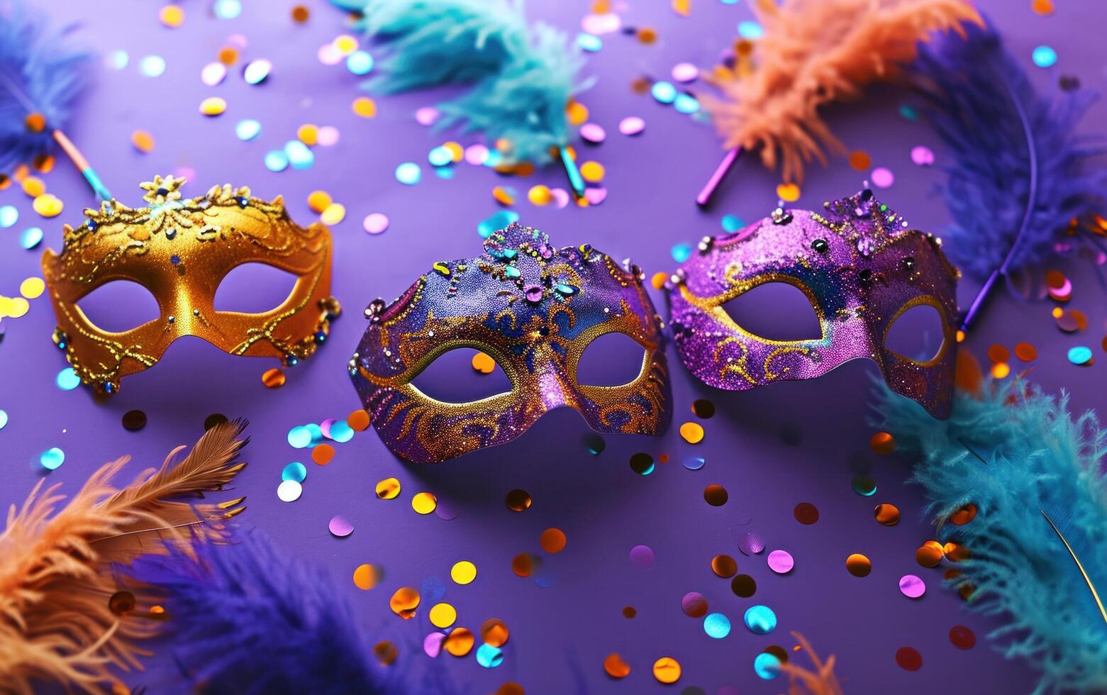 AI generated colorful feathers on a purple background of carnival masks. photo