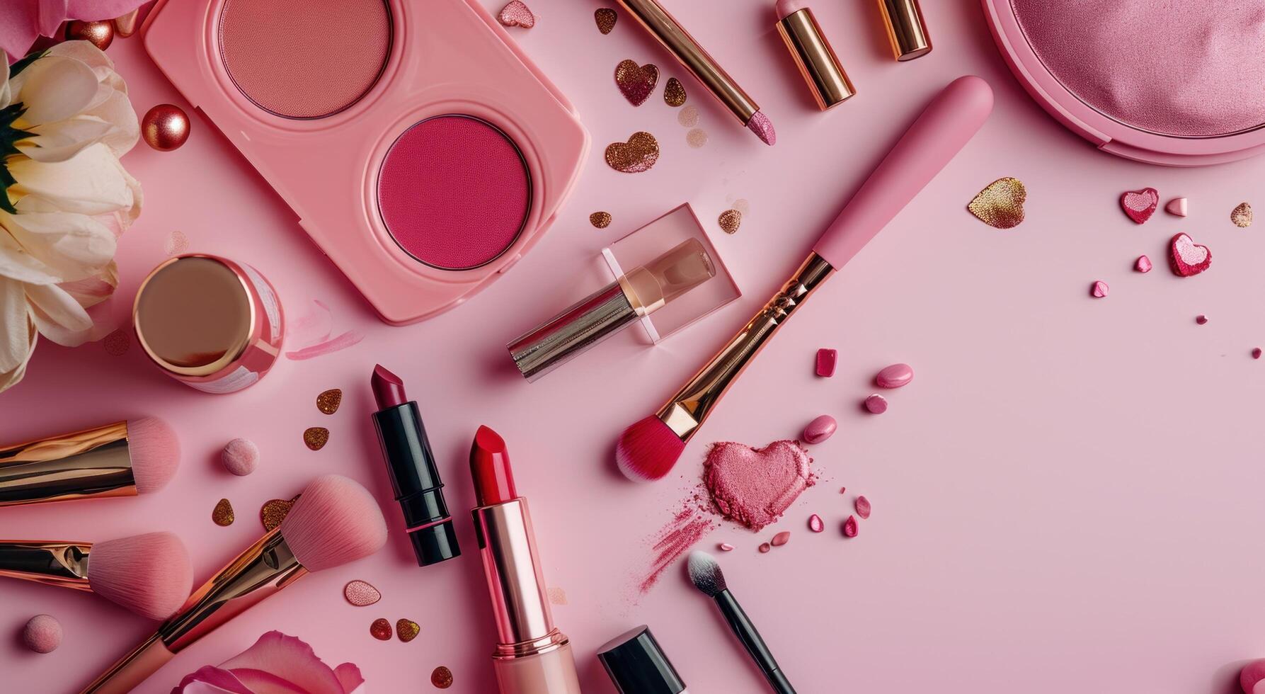 AI generated cosmetic make up products on a pink background photo