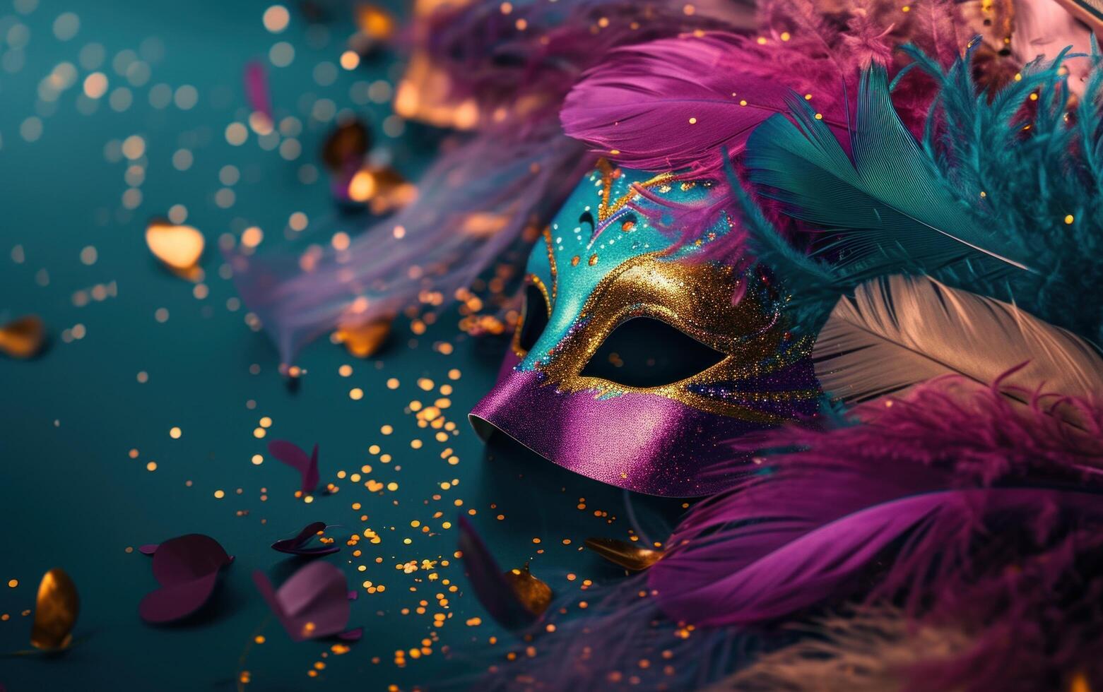 AI generated colorful feathers on a purple background of carnival masks. photo