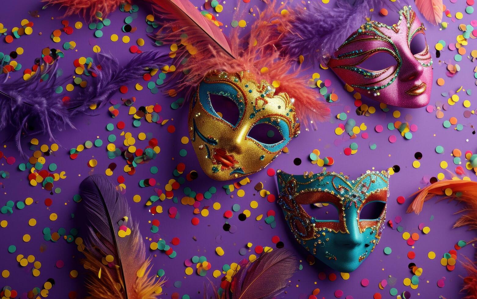 AI generated colorful feathers on a purple background of carnival masks. photo