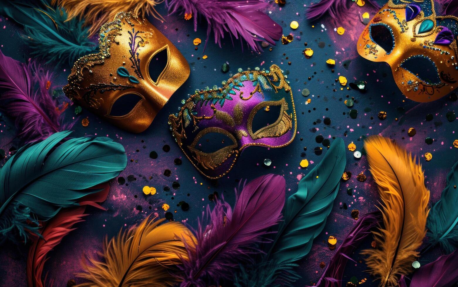 AI generated colorful feathers on a purple background of carnival masks. photo