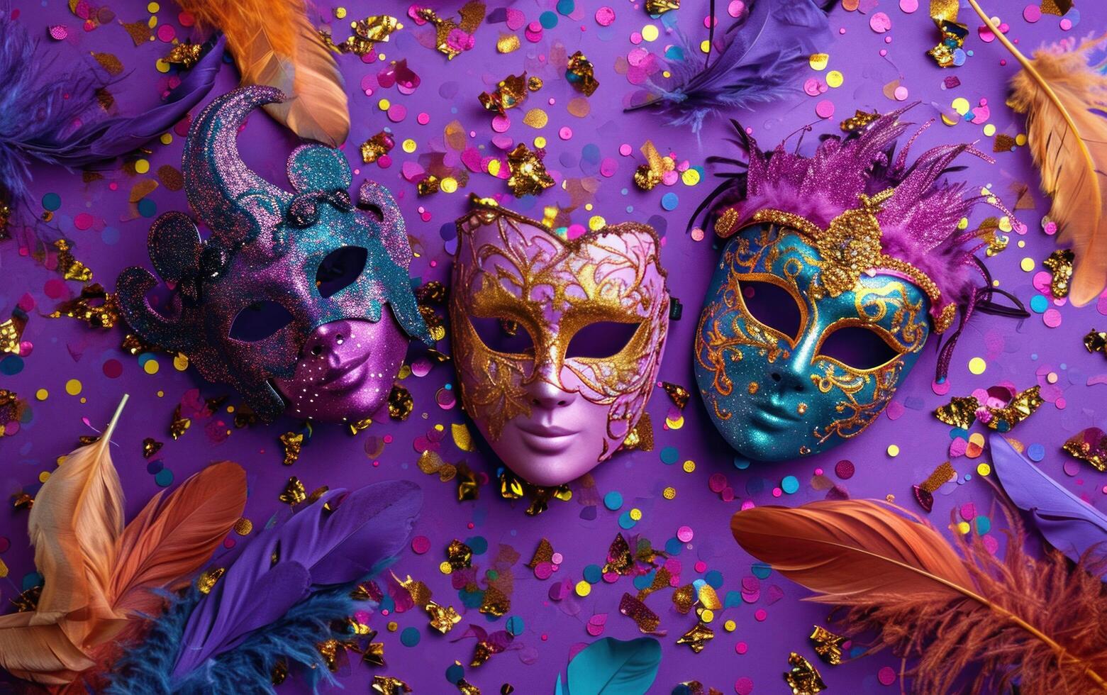 AI generated colorful feathers on a purple background of carnival masks. photo