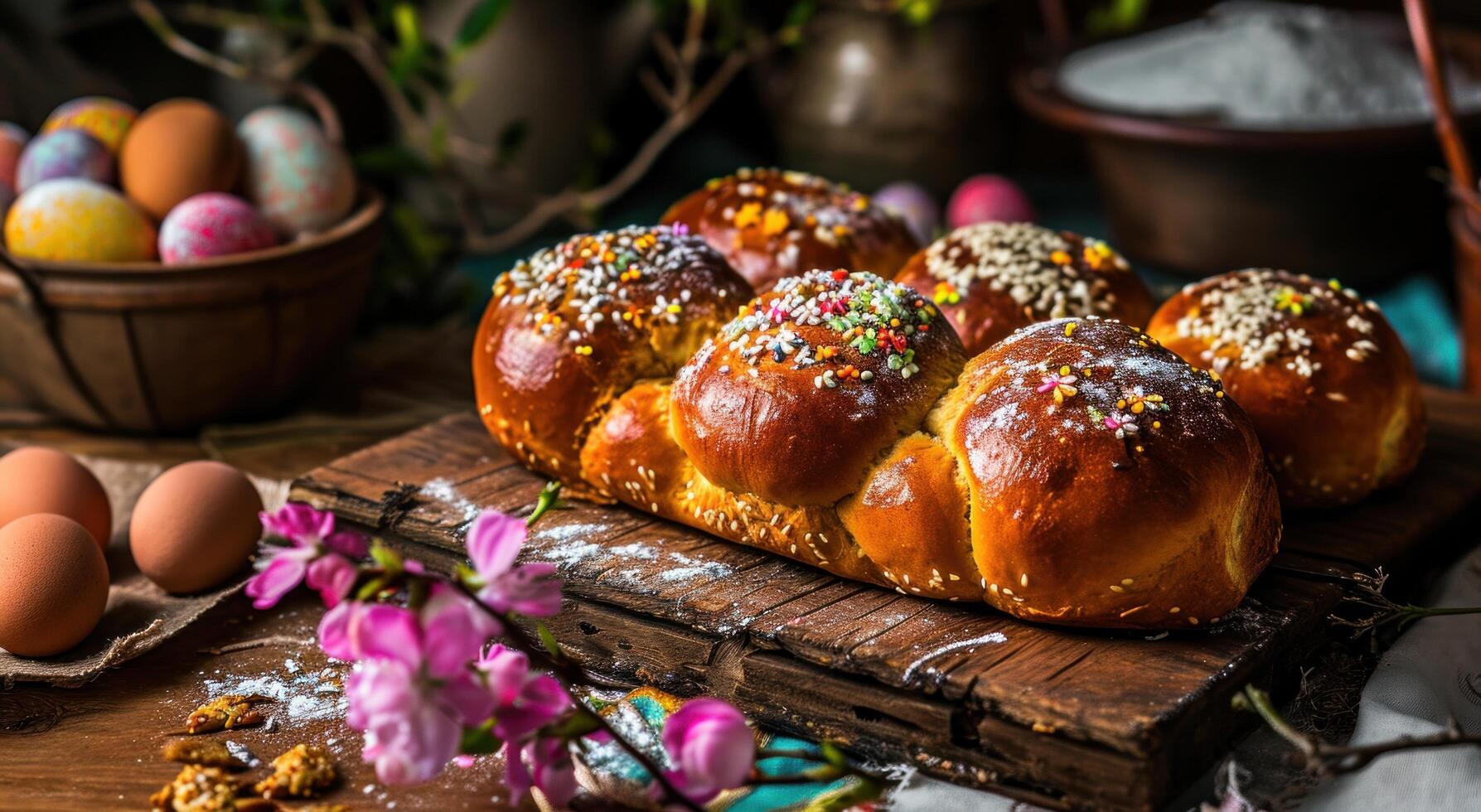 AI generated easter buns with easter eggs, buns and cookies photo