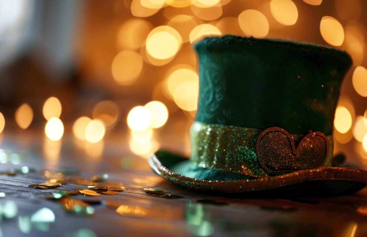 AI generated green st patrick's hat on a table bokeh. photo