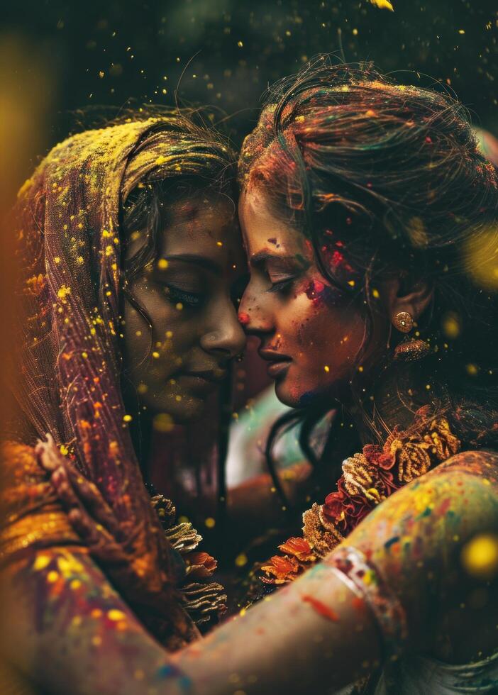 AI generated female and male fun people together celebrating holi festival. photo