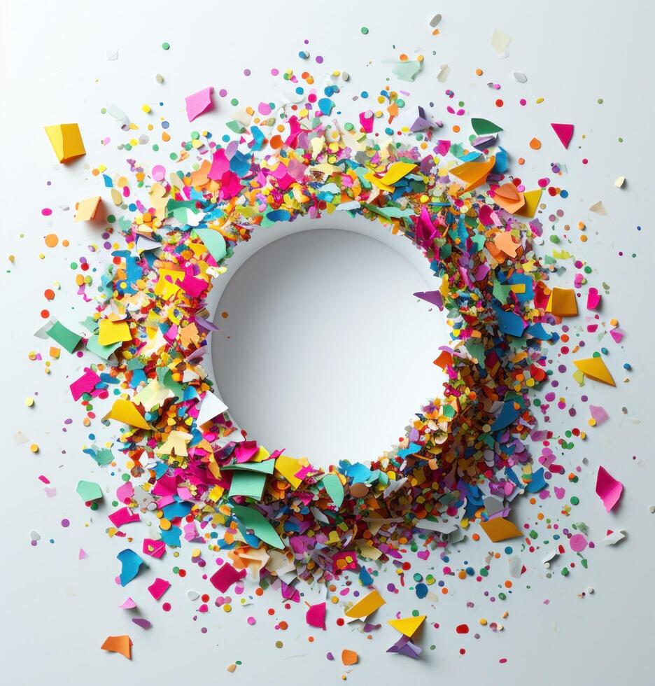 AI generated festive confetti confetti confetti in a circle surrounded by white space for your message. photo