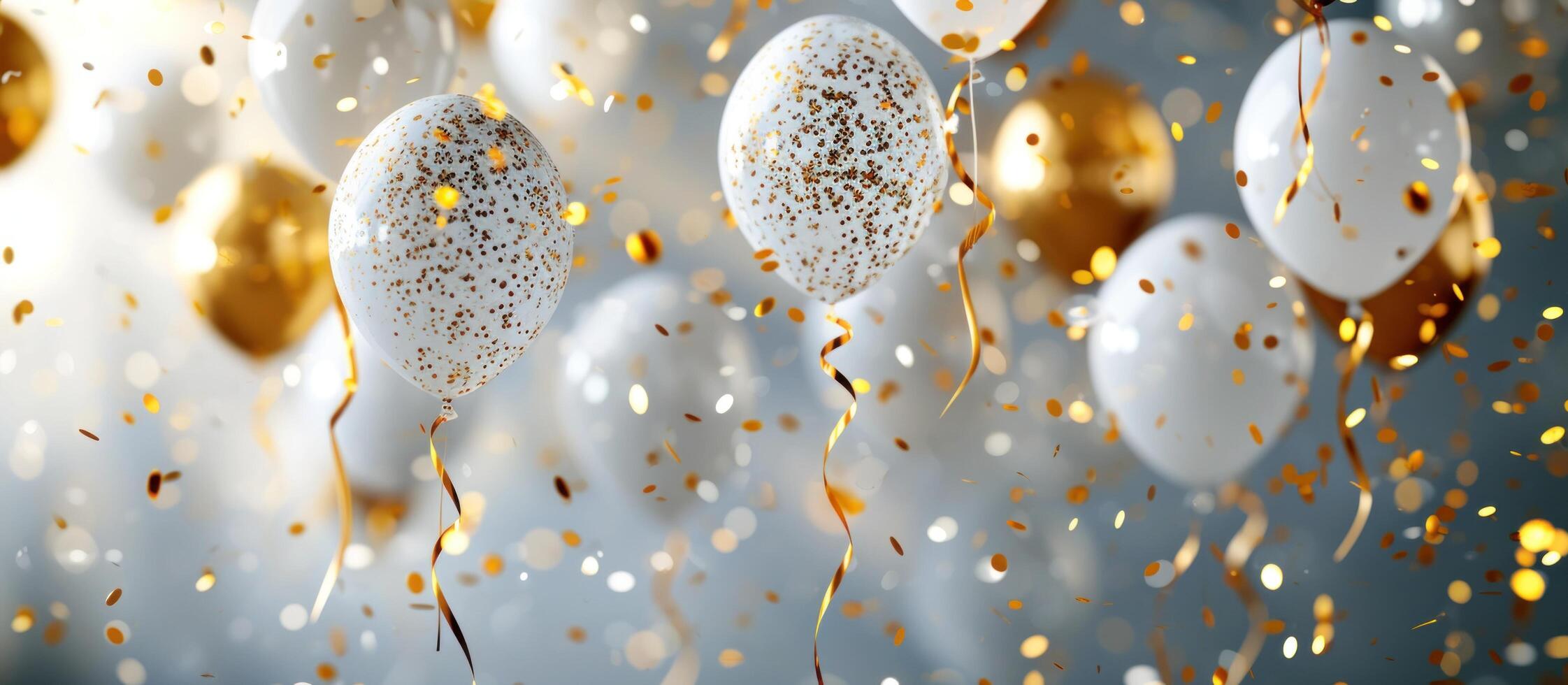 AI generated celebratory balloons on white background with white confetti photo