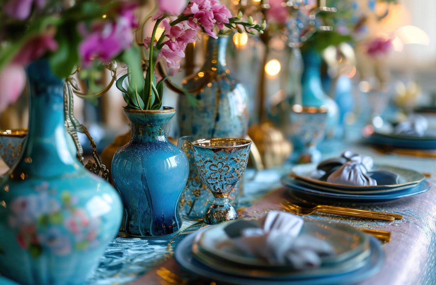 AI generated an elegant table that has blue vases and floral place settings. photo