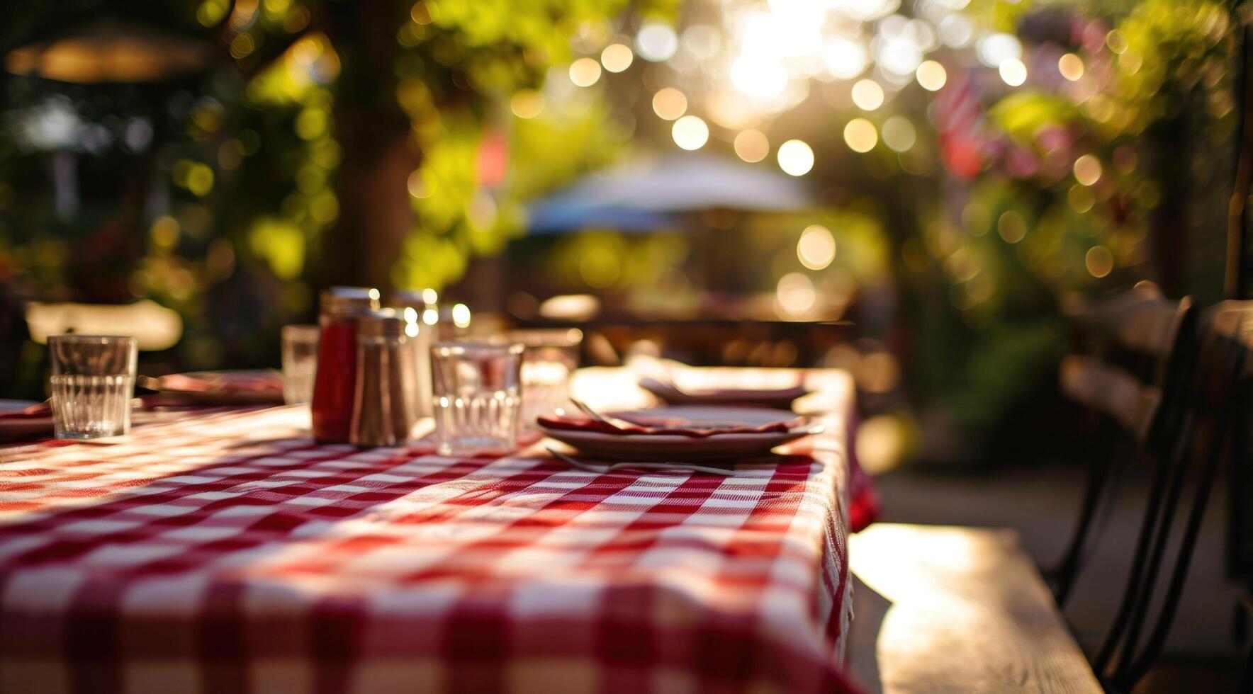 AI generated an outdoor dining table with a red and white checkered tablecloth photo