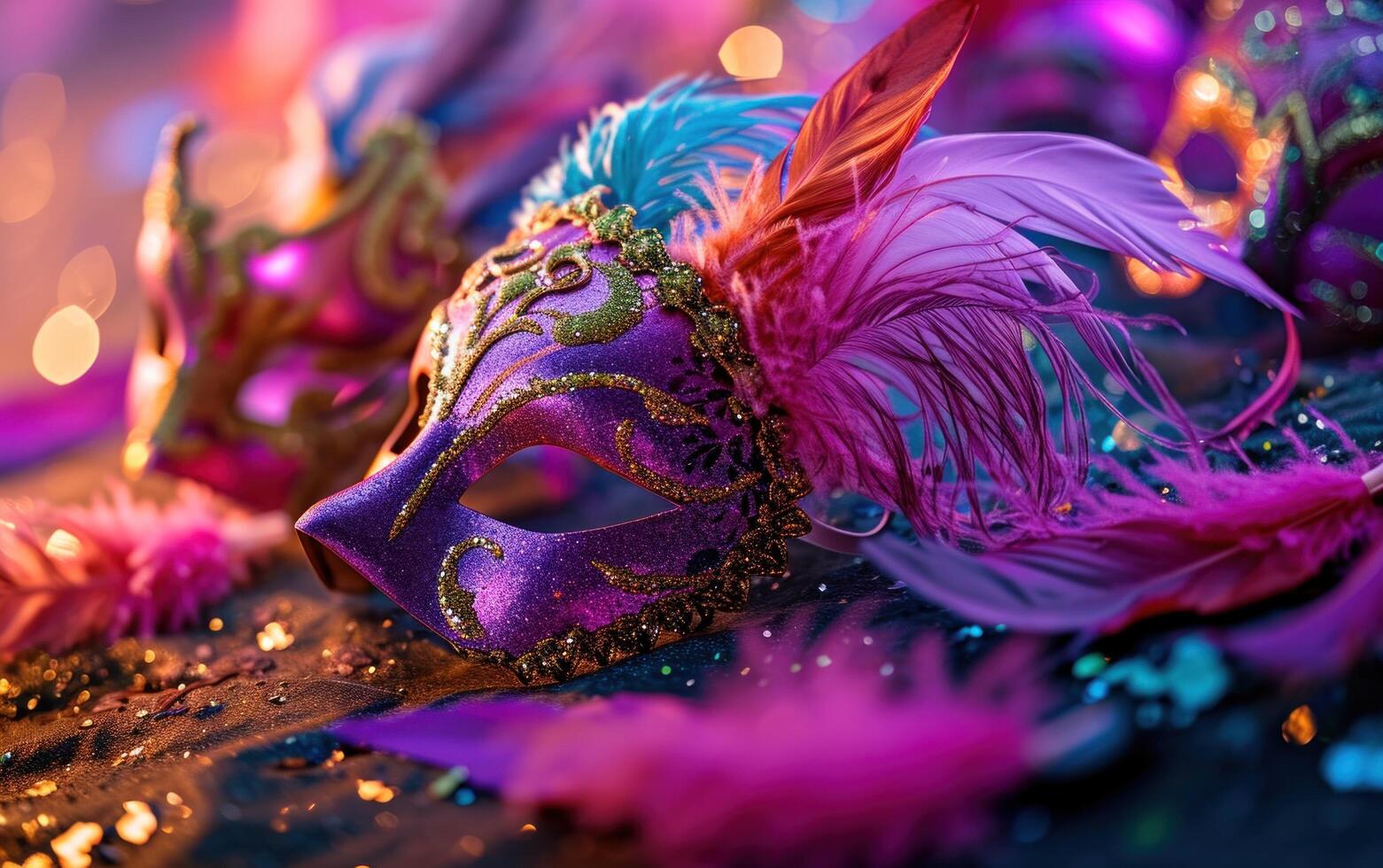 AI generated colorful carnival masks with feathers on a purple background photo