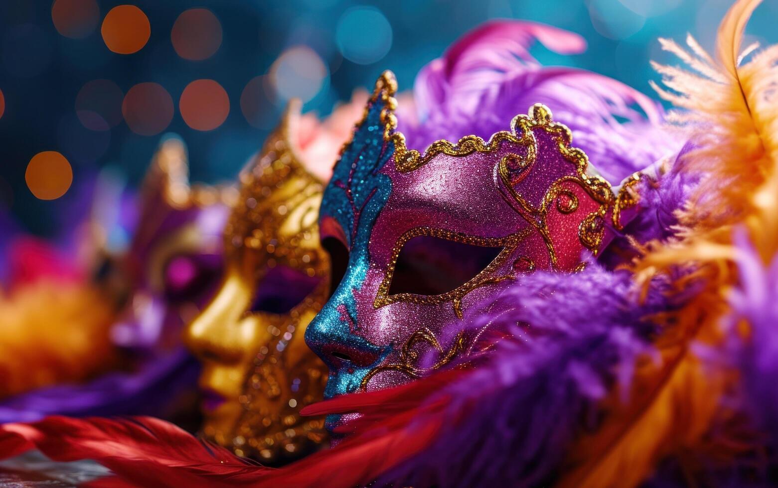 AI generated colorful carnival masks with feathers on a purple background photo