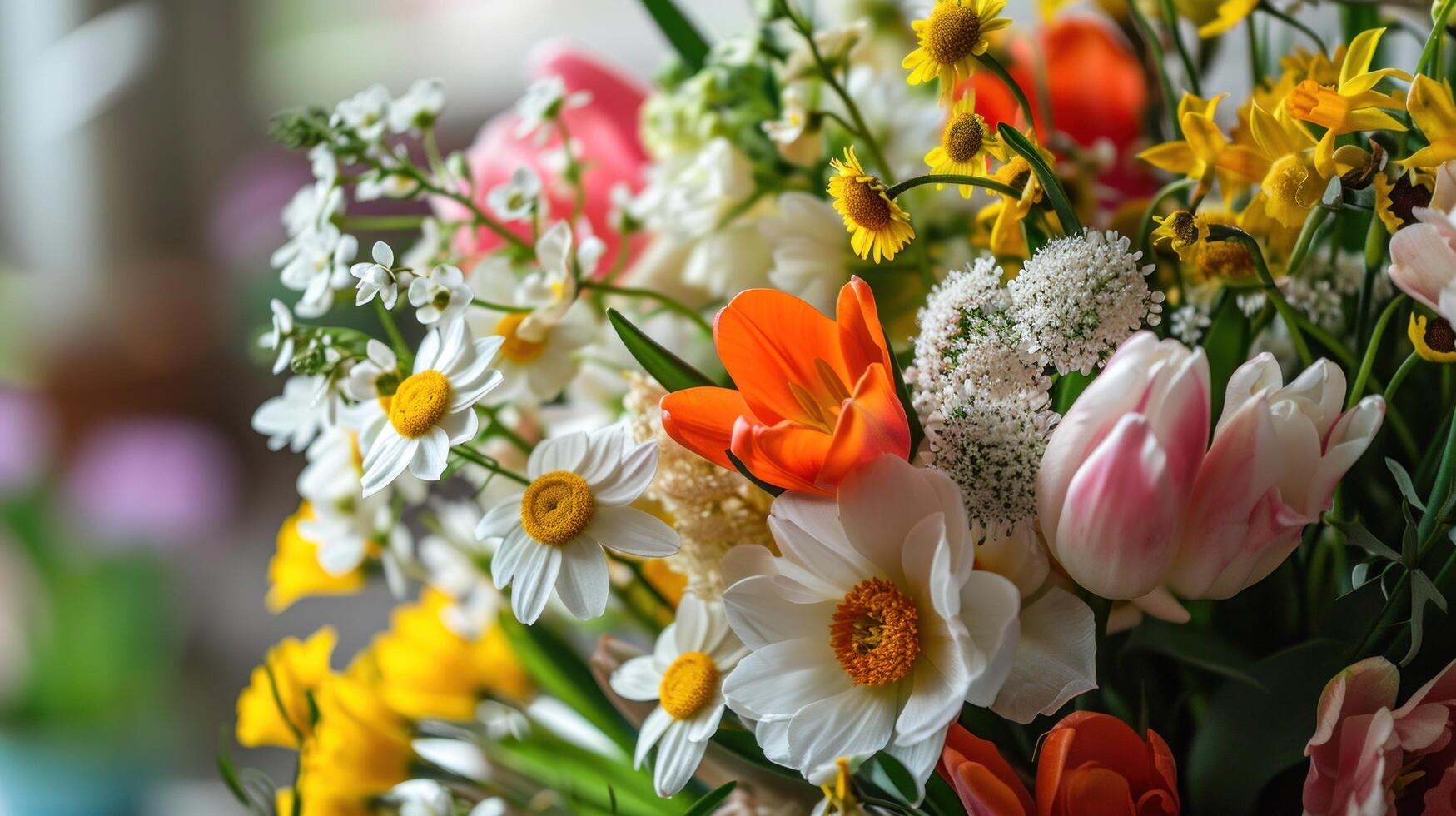 ai generado un de cerca Disparo de un ramo de flores de Fresco primavera flores incluso tulipán foto