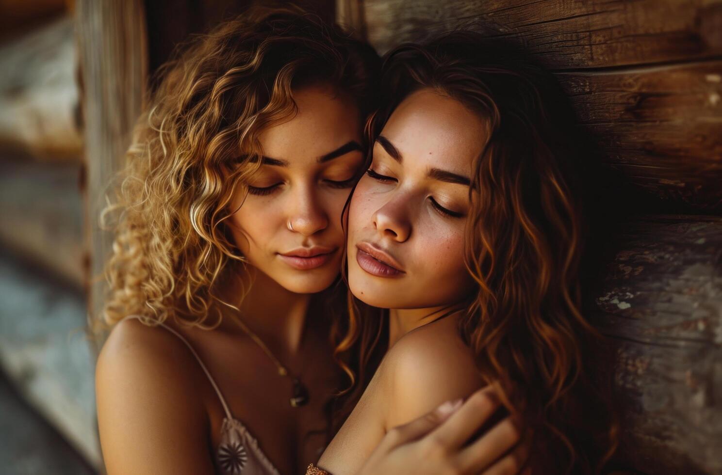 AI generated two beautiful females, hugging for a photo. photo