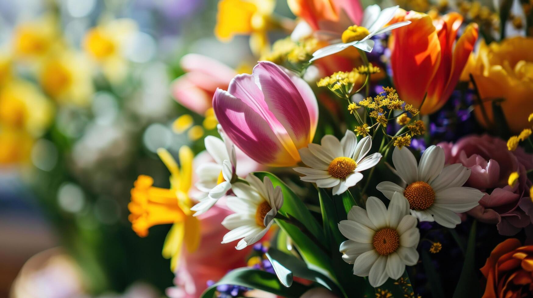 ai generado un de cerca Disparo de un ramo de flores de Fresco primavera flores incluso tulipán foto