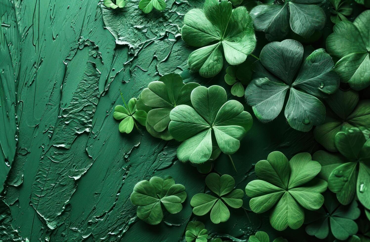 AI generated a green background with shamrock plants, shamrock clip art, and photo