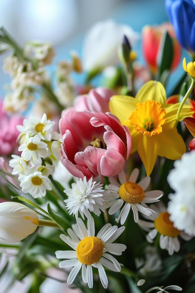 AI generated A close-up shot of a bouquet of fresh spring flowers including tulip photo