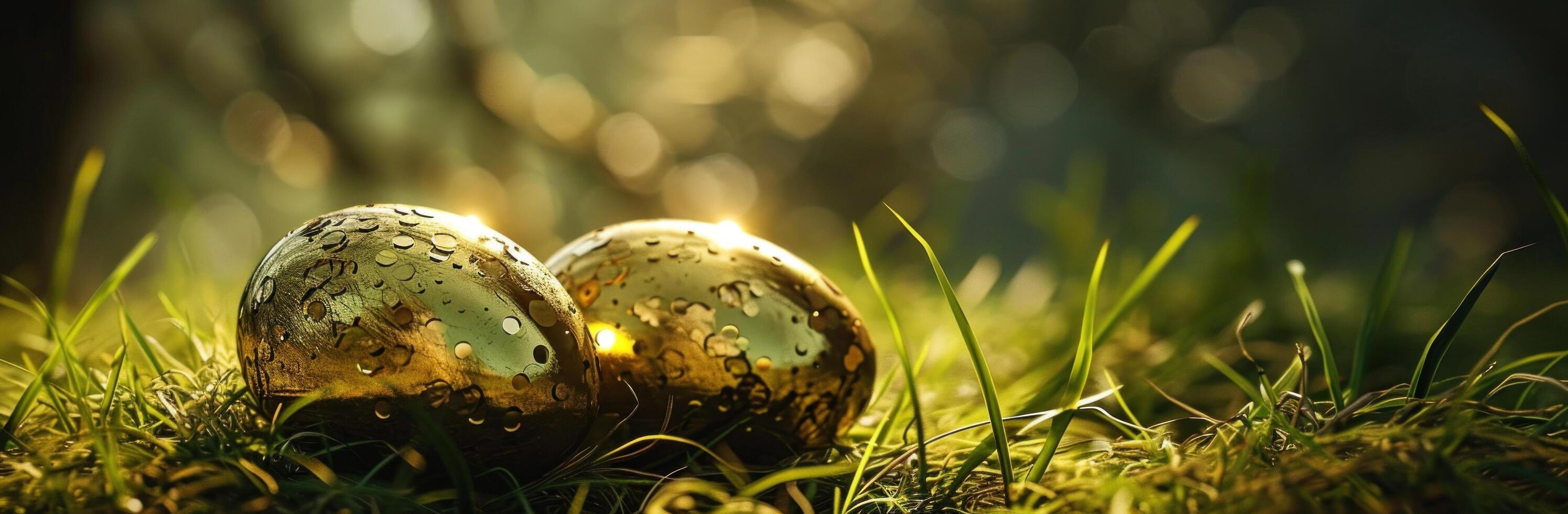 AI generated easter eggs, one of them in the grass. photo