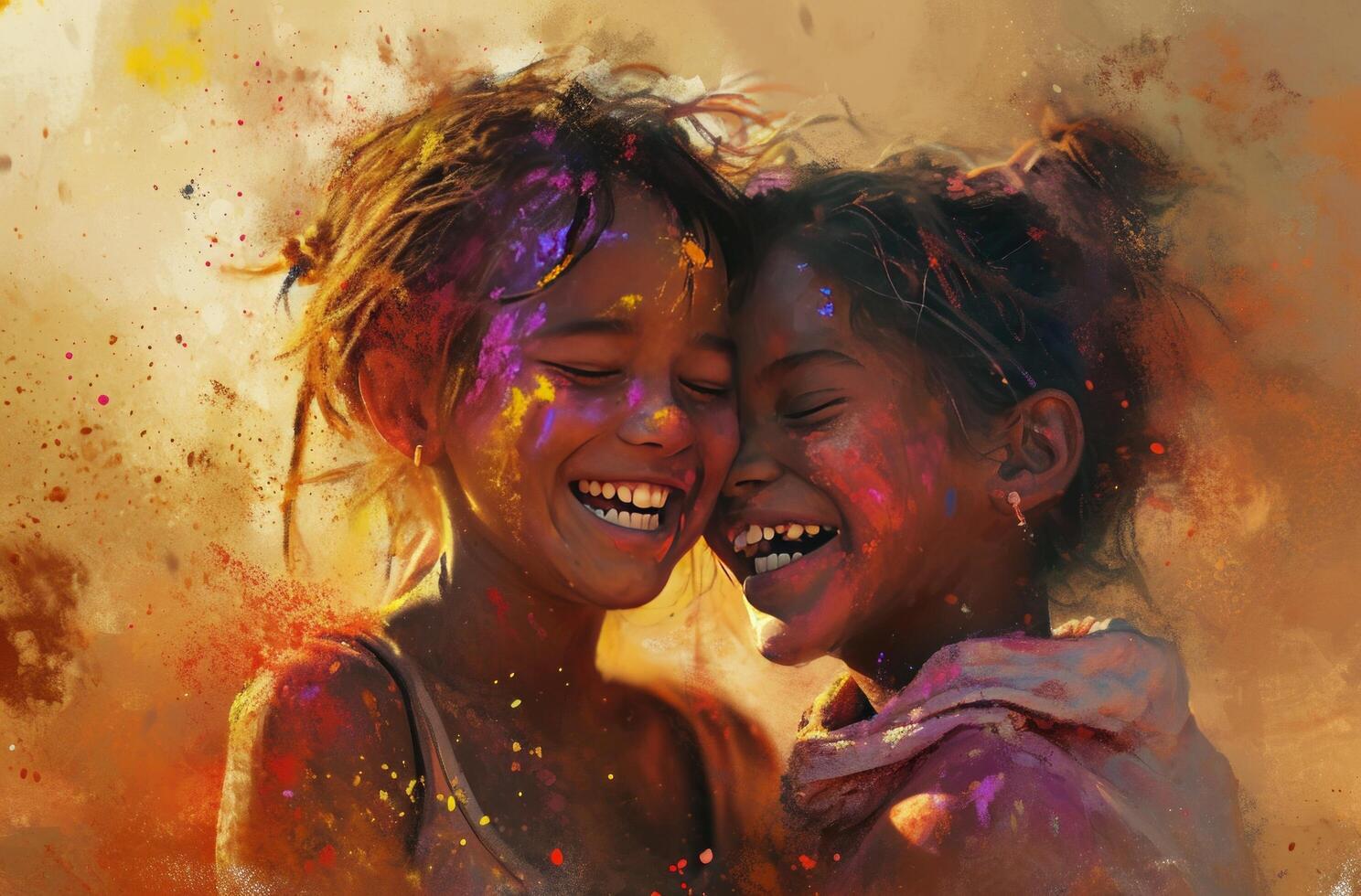 ai generado dos muchachas sonriente y vistiendo vistoso en polvo pintar. foto