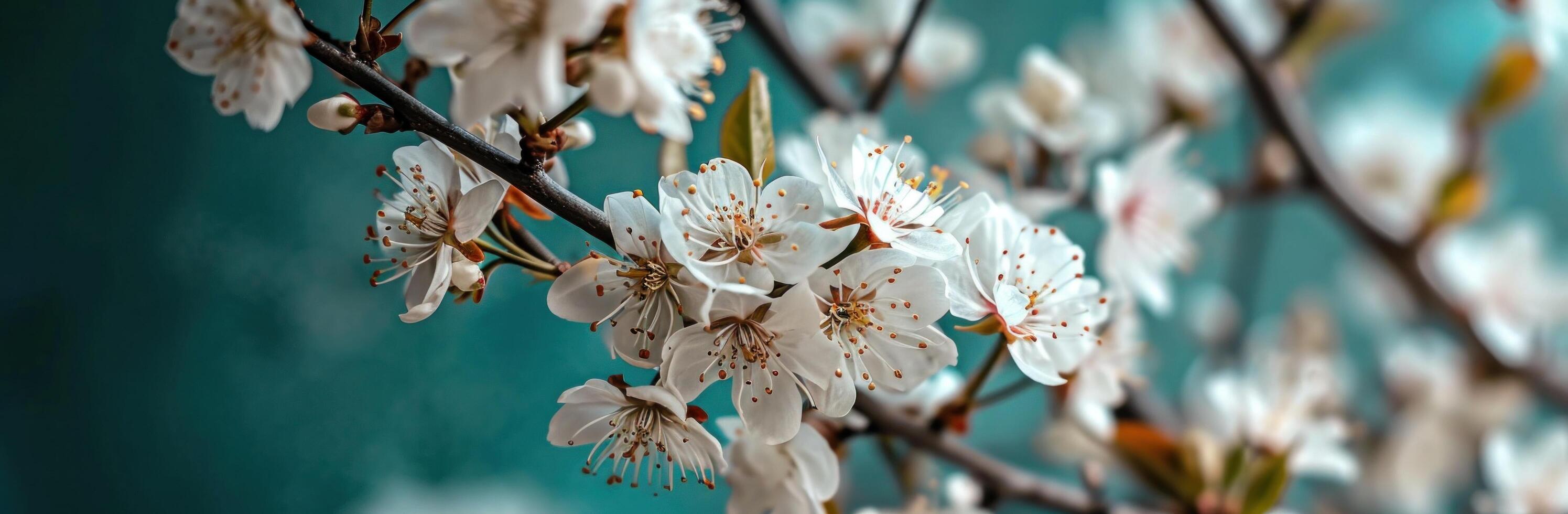 AI generated white blossom on blue background photo
