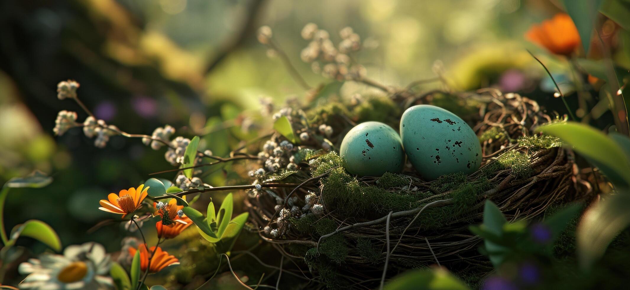AI generated easter eggs, one of them in the grass. photo