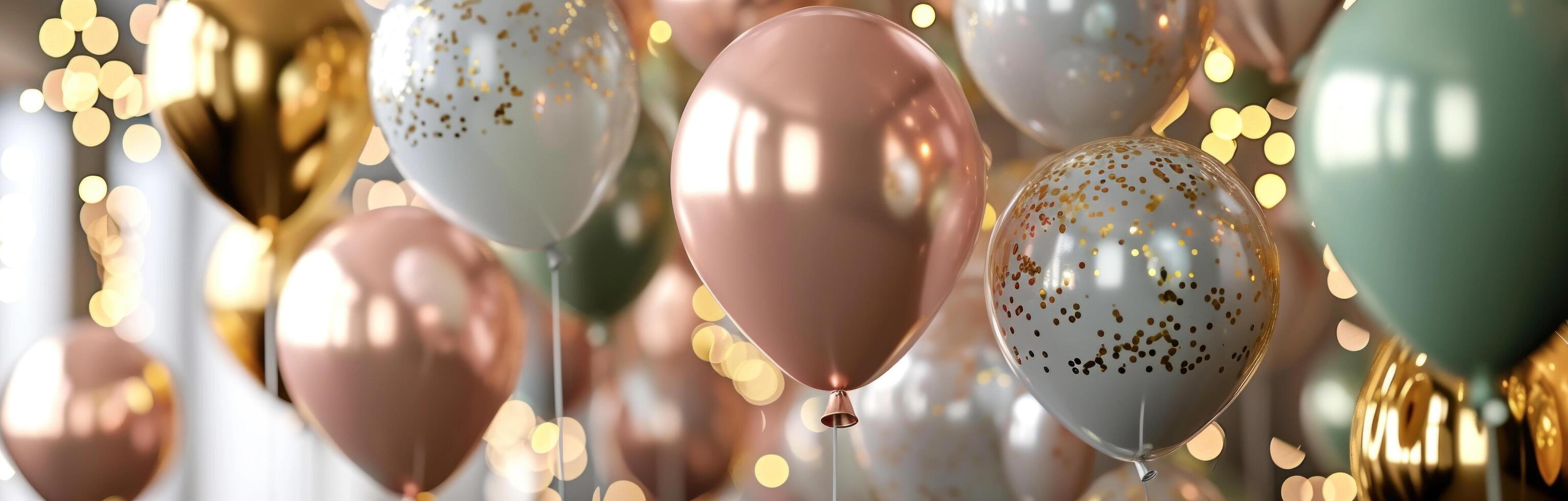 AI generated white and gold champagne balloons are floating in the air. photo
