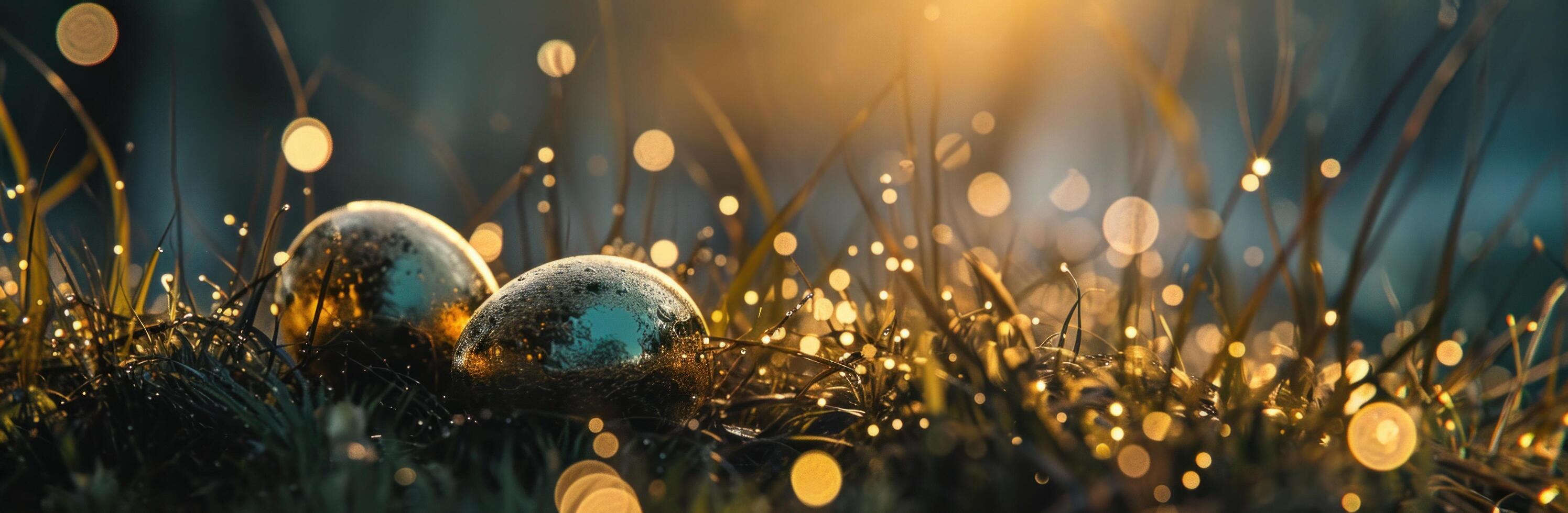 AI generated easter eggs, one of them in the grass. photo