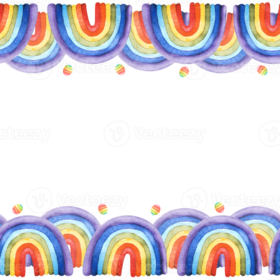 Watercolor hand drawn rainbow illustration. Seamless border frame