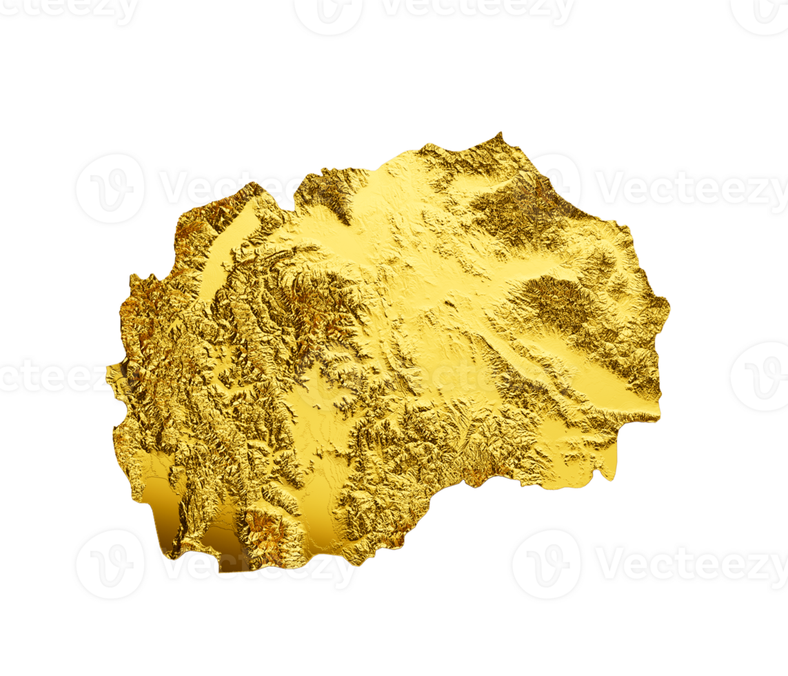 North Macedonia Map Golden metal Color Height map 3d illustration png