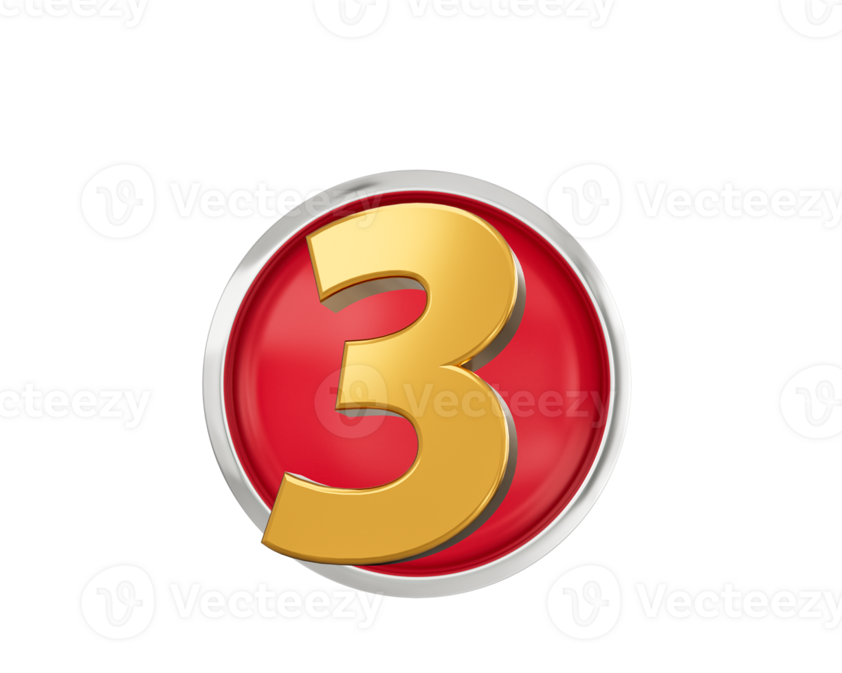 Gold Number 3 Gold Number Three, Rounded Red Icon , 3d illustration png