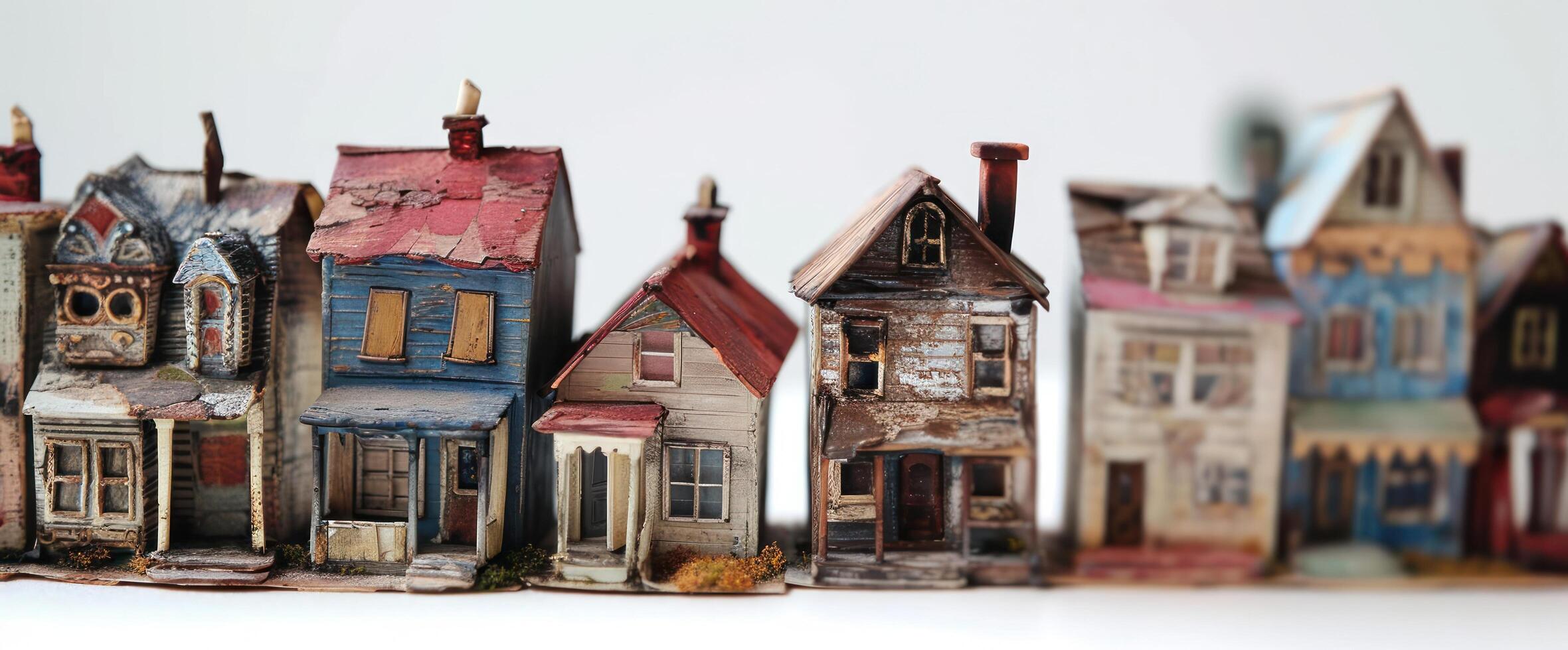 AI generated a bunch of wooden house in a row and some are decorated photo