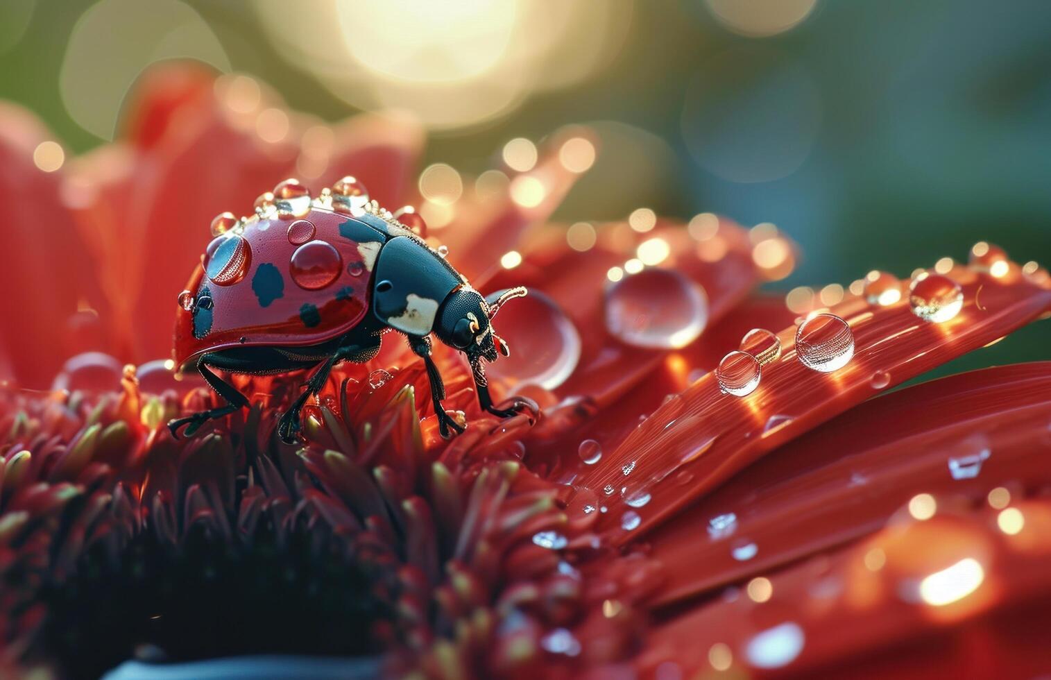 ai generado un rojo dama escarabajo es sentado en parte superior de un rojo flor foto