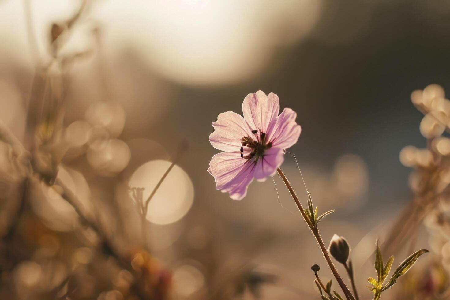 AI generated a small single pink flower is set against a beige background photo