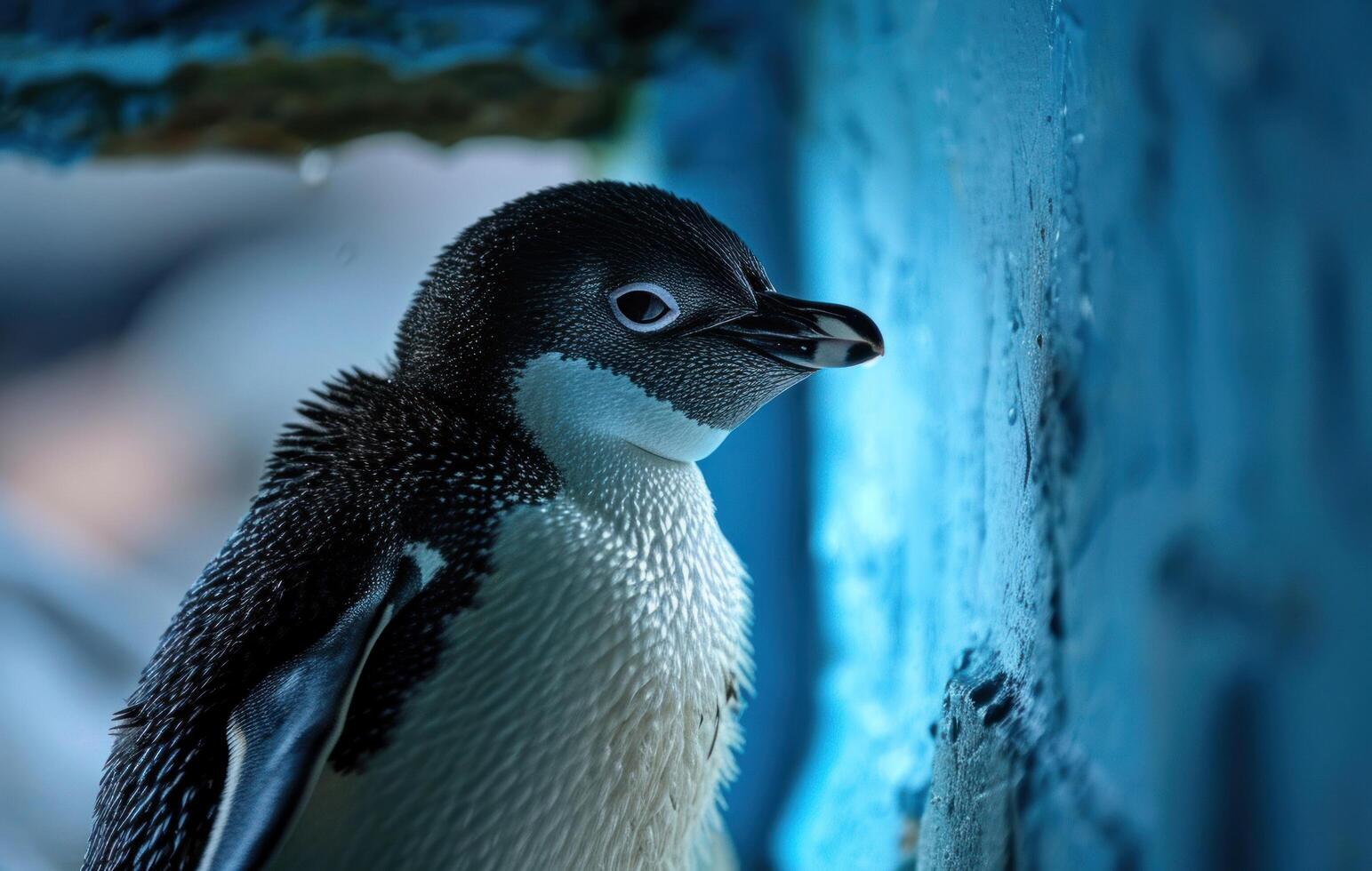 AI generated a small penguin looks through a blue wall photo