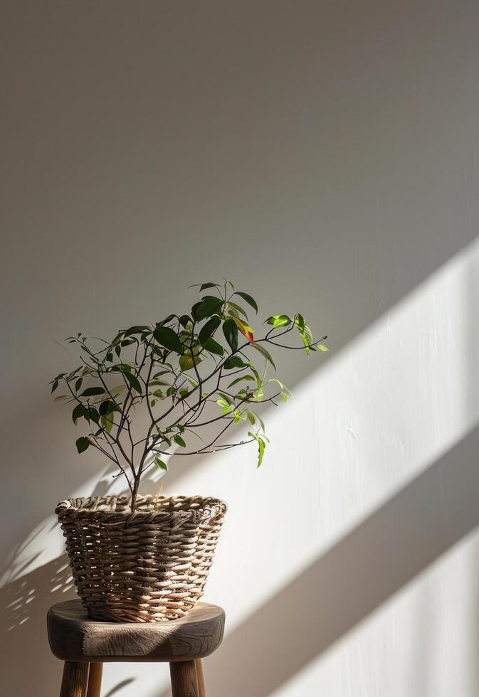 ai generado un pequeño cesta con un planta se sienta en un taburete en un habitación con blanco paredes foto