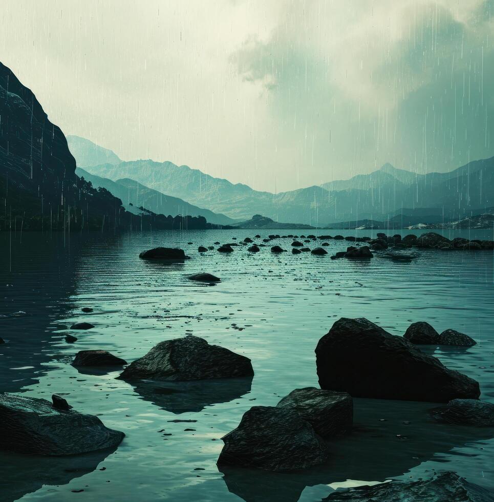 AI generated a lake full of rocks and rocks amidst mountains and rain photo