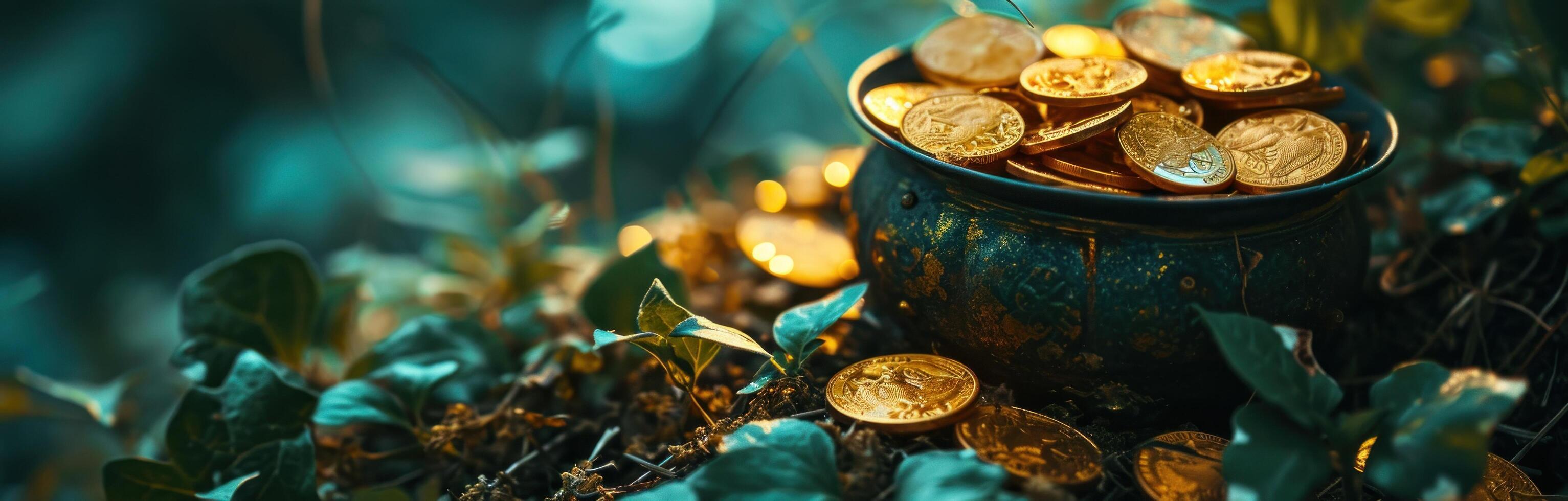 AI generated a pot filled with gold coins that stand on green leaves photo